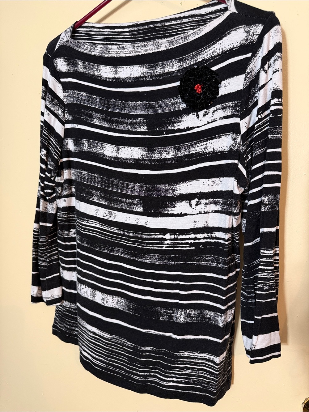 Ruby Rd. Black and White Striped Long Sleeve Top with Floral Accent